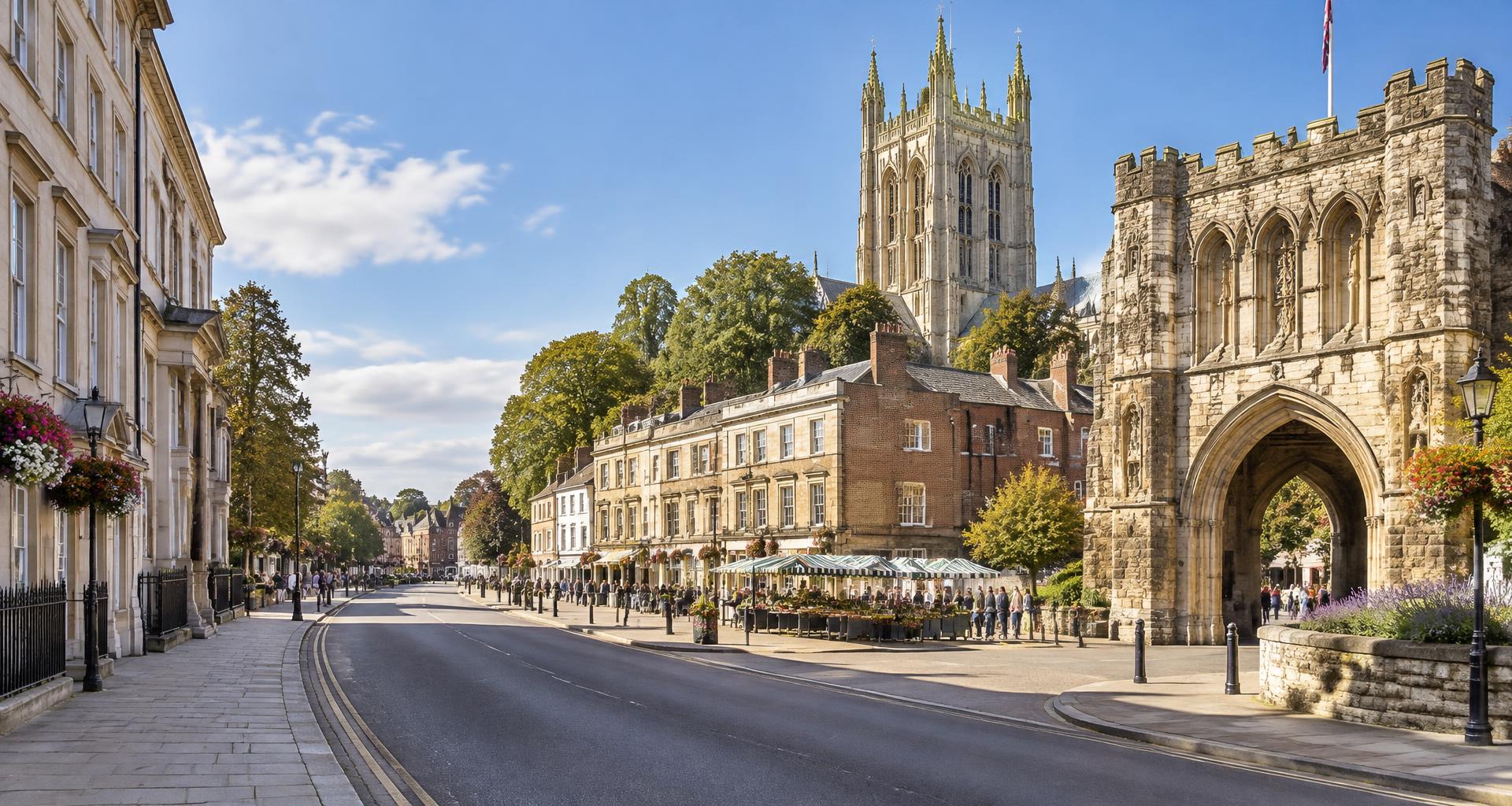 Artist's impression of Abbey Gate, Angel Hill and St Edmundsbury Cathedral in Bury St Edmunds